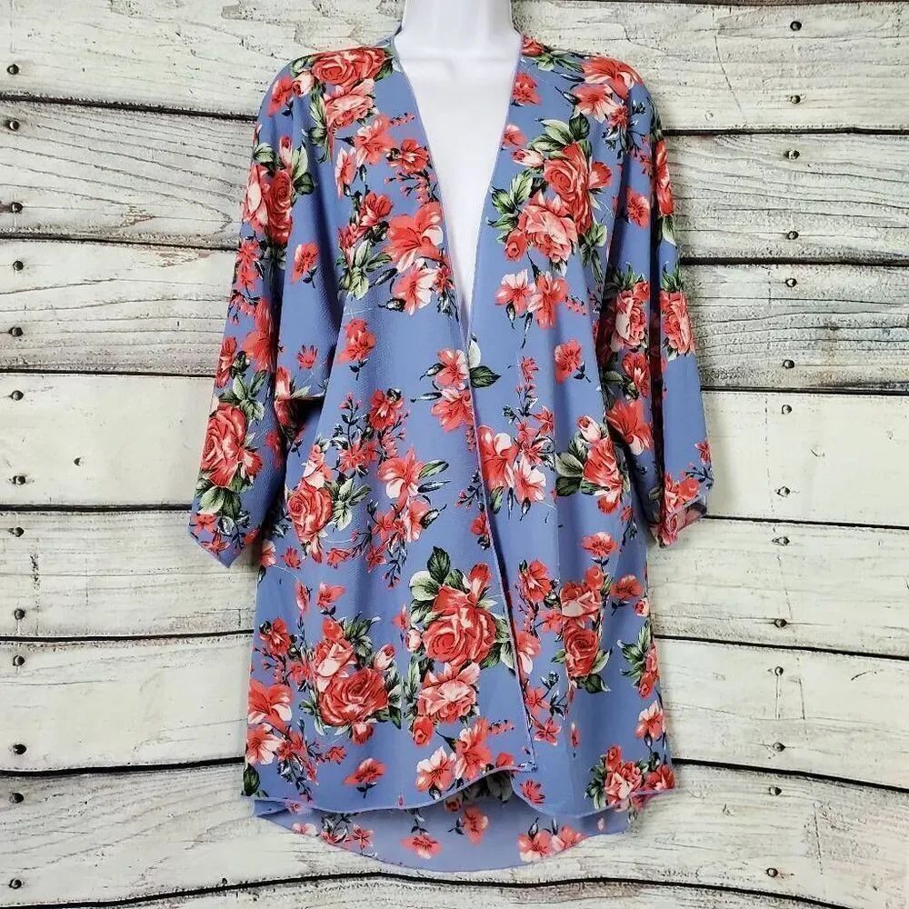 LJ USA Small Blue Floral Open Kimono Cardigan Lightweight